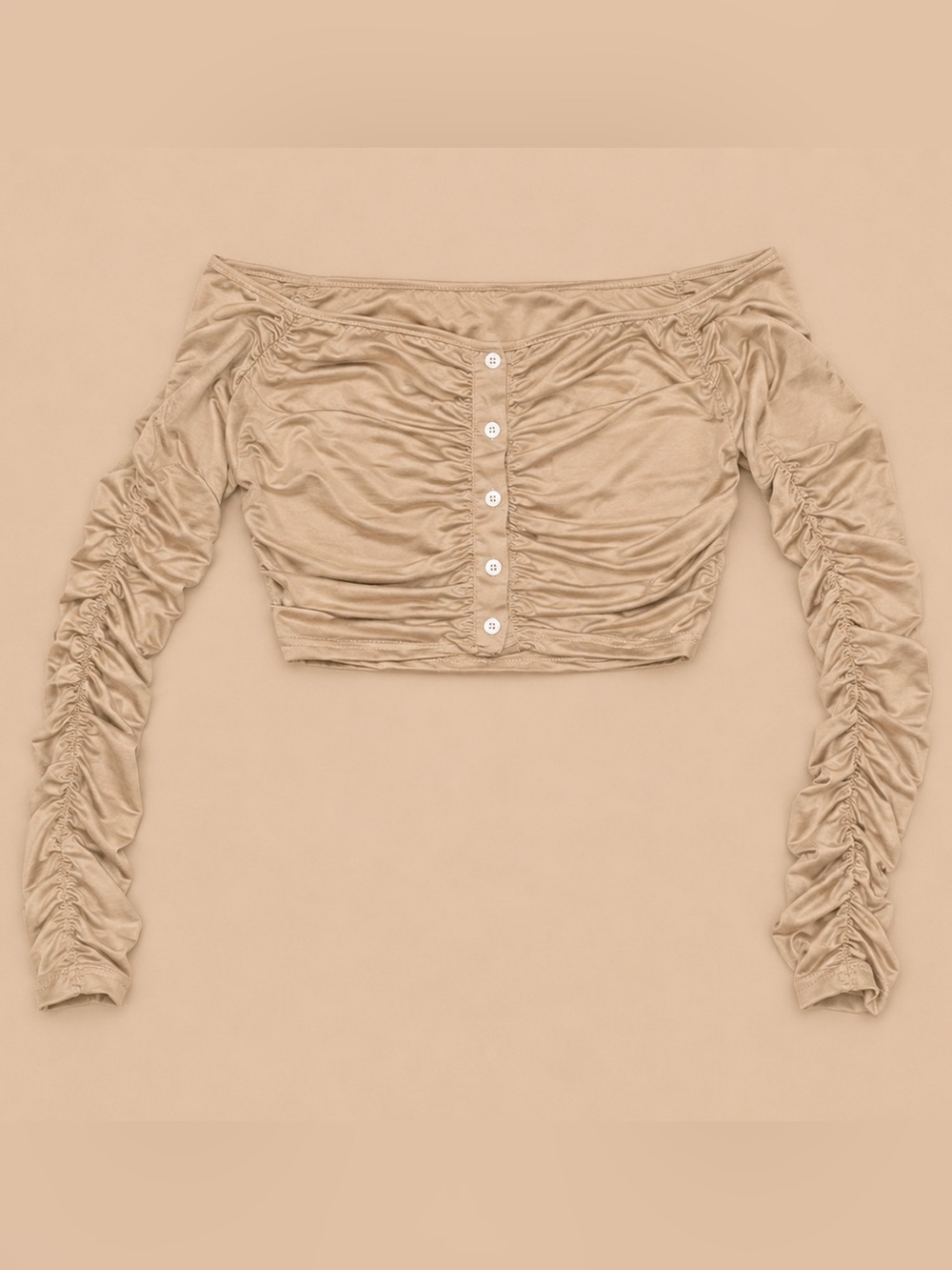 SHEIN Beige Ruched Off-Shoulder Button Crop Top